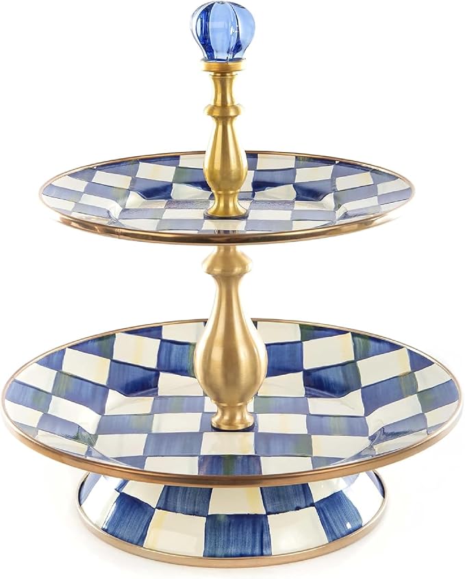 Enamel Two-Tier Sweet Stand, Two-Tiered Serving Tray for Dessert, Blue-and-White Royal Check