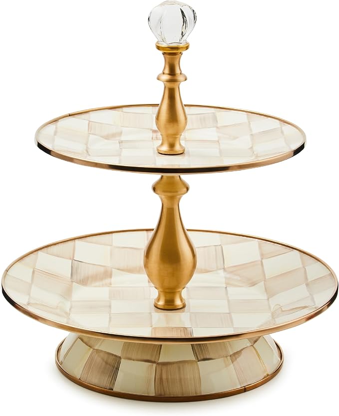 Enamel Two-Tier Sweet Stand, Two-Tiered Serving Tray for Dessert, Brown-and-White Mocha Check