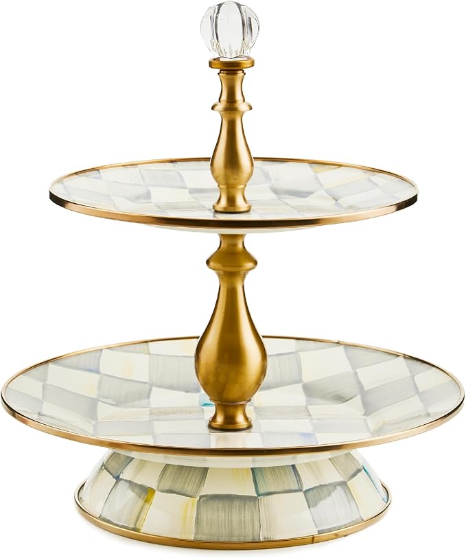 Enamel Two-Tier Sweet Stand, Two-Tiered Serving Tray for Dessert, Gray-and-White Sterling Check