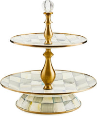 Enamel Two-Tier Sweet Stand, Two-Tiered Serving Tray for Dessert, Gray-and-White Sterling Check