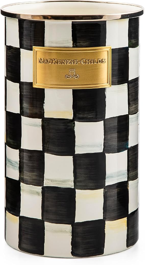 Enamel Utensil Holder, Kitchen Utensil Holder for Countertop, Storage Caddy, Black-and-White Courtly Check