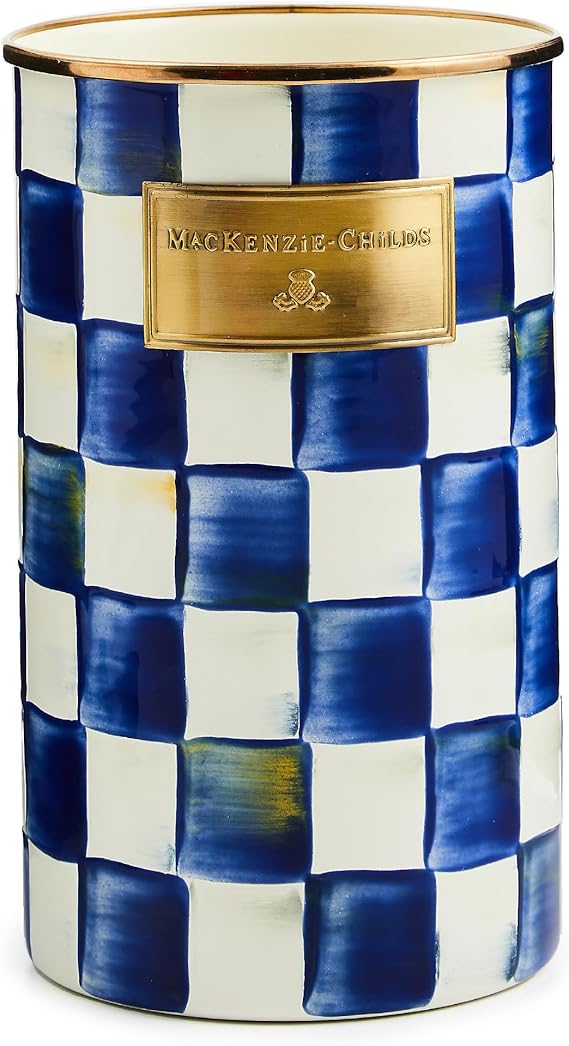 Enamel Utensil Holder, Kitchen Utensil Holder for Countertop, Storage Caddy, Blue-and-White Royal Check