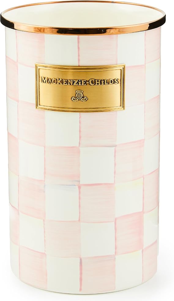 Enamel Utensil Holder, Kitchen Utensil Holder for Countertop, Storage Caddy, Pink-and-White Rosy Check