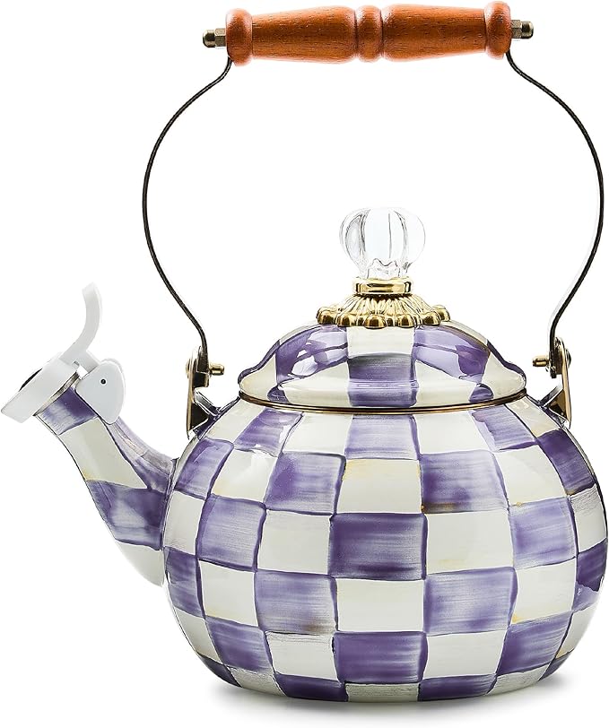 Enamel Whistling Tea Kettle, Decorative Teapot, 2 Quarts, Purple-and-White Violet Check