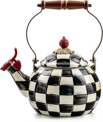 Enamel Whistling Tea Kettle, Decorative Teapot for Stovetop, Black-and-White Courtly Check