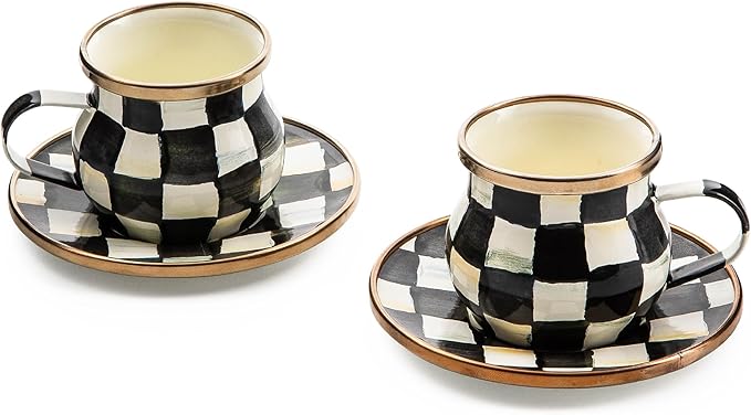 Espresso Cup and Saucer Set, Cute Small Coffee Cups and Saucers, Set of 2, Black-and-White Courtly Check