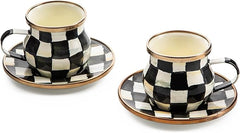 Espresso Cup and Saucer Set, Cute Small Coffee Cups and Saucers, Set of 2, Black-and-White Courtly Check