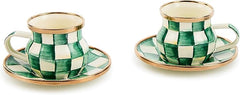 Espresso Cup and Saucer Set, Cute Small Coffee Cups and Saucers, Set of 2, Green-and-White Emerald Check