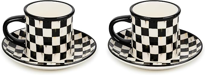 Set of 2 Stoneware Espresso Cup and Saucer, Cute Coffee Cups, Black-and-White Courtly Check