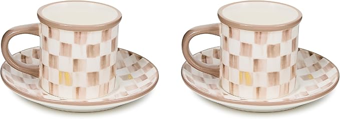 Set of 2 Stoneware Espresso Cup and Saucer, Cute Coffee Cups, Brown-and-White Mocha Check