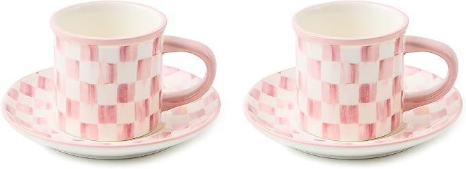 Set of 2 Stoneware Espresso Cup and Saucer, Cute Coffee Cups, Pink-and-White Rosy Check
