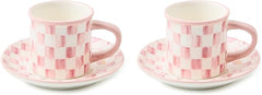 Set of 2 Stoneware Espresso Cup and Saucer, Cute Coffee Cups, Pink-and-White Rosy Check