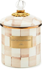 Small Enamel Canister, Kitchen Storage Container with Lid, Brown-and-White Mocha Check