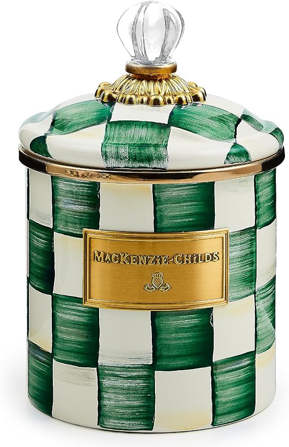 Small Enamel Canister, Kitchen Storage Container with Lid, Green-and-White Emerald Check