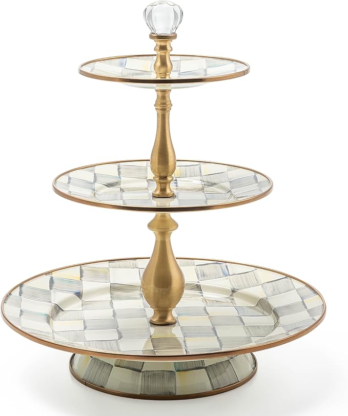 Three-Tier Sweet Stand, Three-Tiered Serving Tray for Dessert and Sweets, Gray-and-White Sterling Check