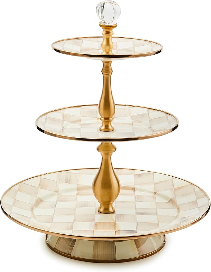 Three-Tier Sweet Stand, Tiered Serving-Tray Stand, Brown-and-White Mocha Check